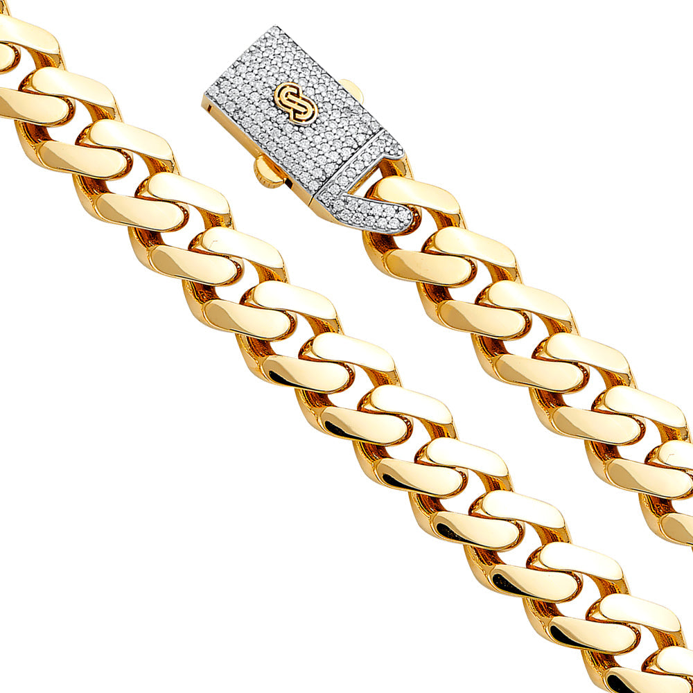 14K Yellow 13.5mm Hollow Cuban Monaco Bracelet with CZ Lock