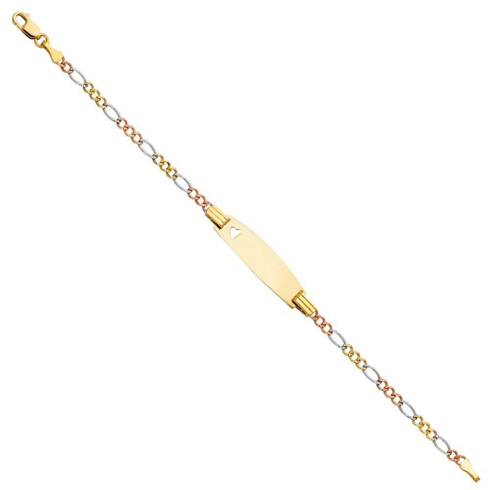 14K Tri Color Gold Figaro 3+1 Baby Oval ID with Heart Bracelet