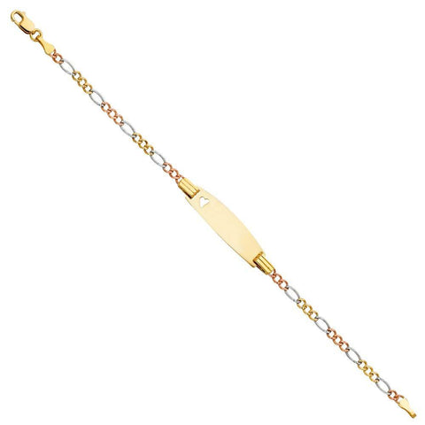 14K Tri Color Gold Figaro 3+1 Baby Oval ID with Heart Bracelet