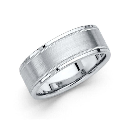 14K White Gold Polished 8mm Brushed Non Sizeable Fancy Wedding Band