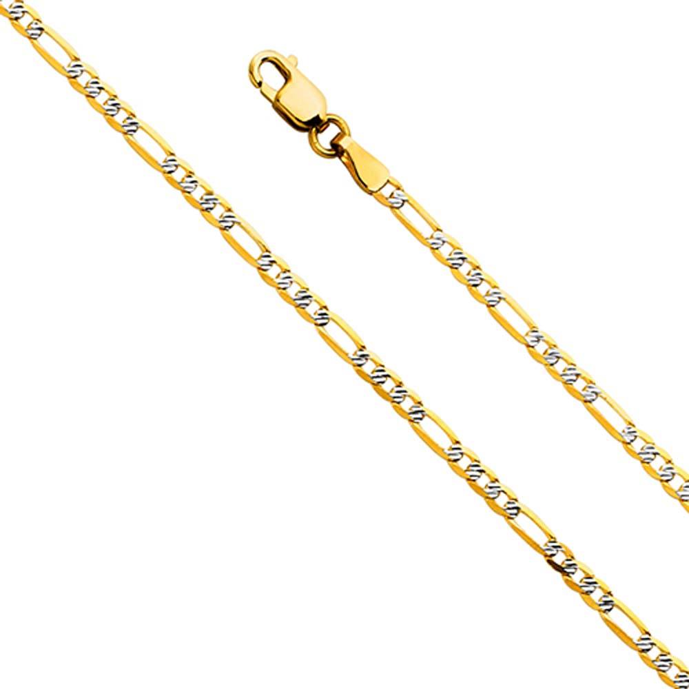 14K Yellow Gold 2.5mm Figaro 3+1 Fancy White Pave Regular Link Chain With Spring Clasp Closure