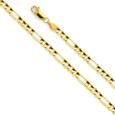 14K Yellow Gold 4.6mm Lobster Figaro 3+1 Concave Light Link Chain With Spring Clasp Closure