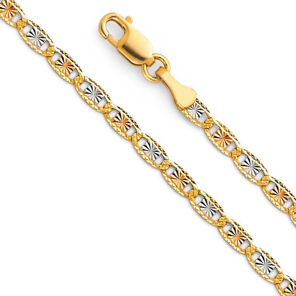 14K Gold 2.6mm Lobster Valentino Diamond Cut 3 Color Link Chain With Spring Clasp Closure - silverdepot