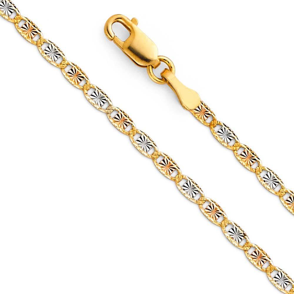 14K Gold 2mm Spring Ring Valentino Diamond Cut 3 Color Link Chain With Spring Clasp Closure - silverdepot
