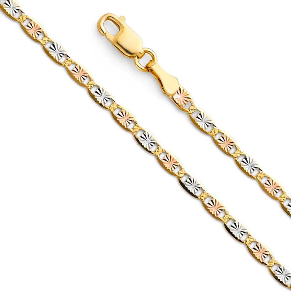 14K Gold 2.1mm Spring Ring Valentino With Star Diamond Cut 3 Color Link Chain With Spring Clasp Closure - silverdepot