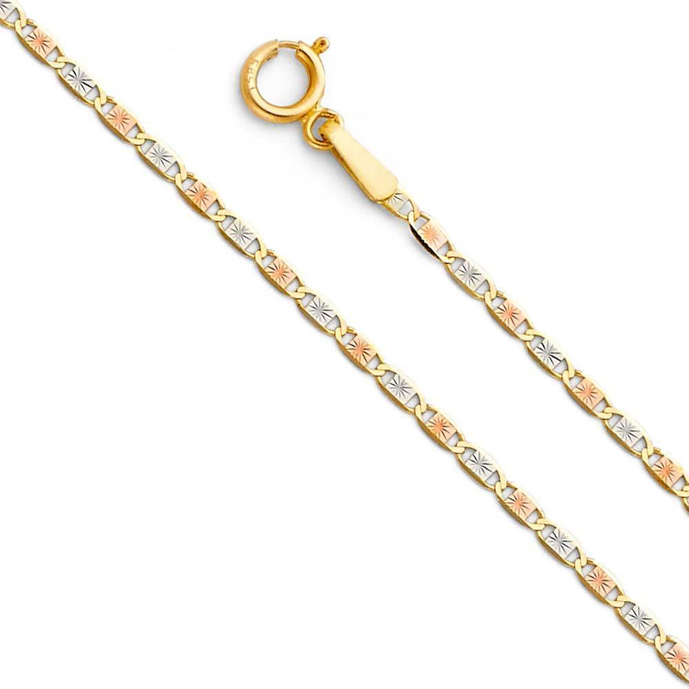 14K Gold 1.5mm Spring Ring Valentino With Star Diamond Cut 3 Color Link Chain With Spring Clasp Closure - silverdepot
