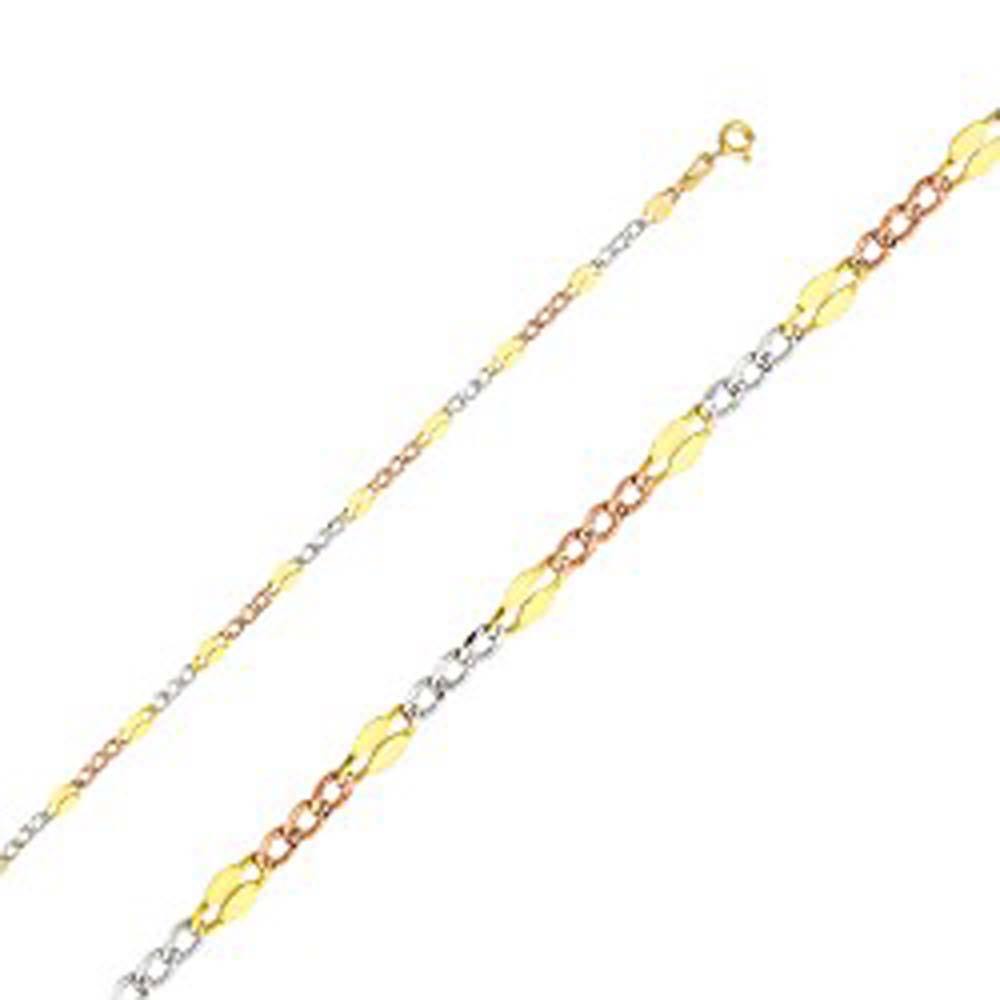 14K Gold with Tri Color 3.7mm Lobster Stamped Figaro 3+1 3 Color Regular Chain With Spring Clasp Closure