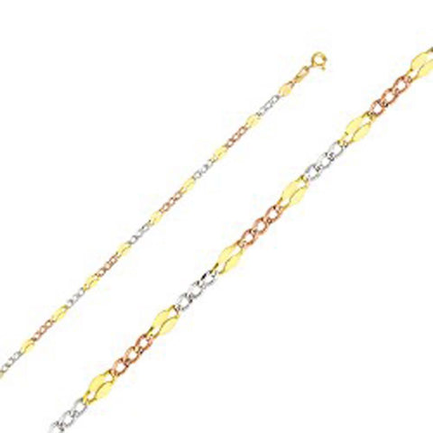 14K Gold with Tri Color 3.7mm Lobster Stamped Figaro 3+1 3 Color Regular Chain With Spring Clasp Closure