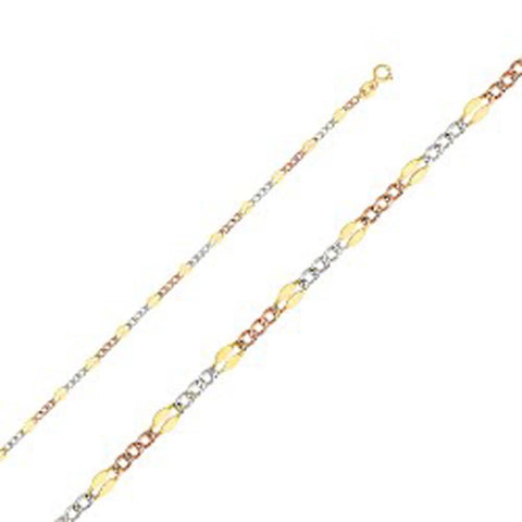 14K Gold with Tri Color 3.2mm Lobster Stamped Figaro 3+1 3 Color Regular Chain With Spring Clasp Closure