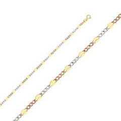 14K Gold with Tri Color 3.2mm Lobster Stamped Figaro 3+1 3 Color Regular Chain With Spring Clasp Closure