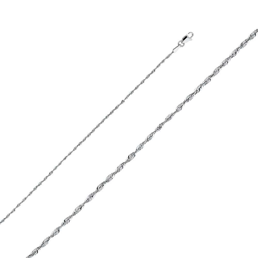 14K White Gold 1.5mm Lobster Solid Rope Diamond Cut Light Chain With Spring Clasp Closure