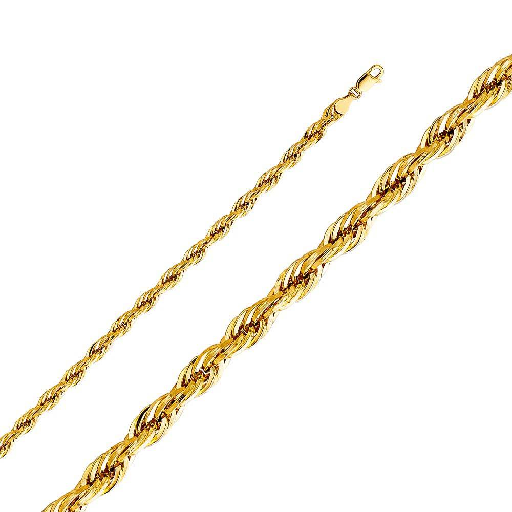 14K Yellow Gold 5.0mm Lobster Silky Hollow Rope Diamond Cut Chain With Spring Clasp Closure