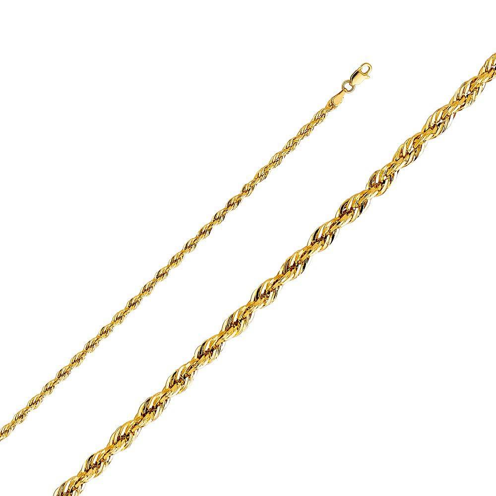 14K Yellow Gold 3.0mm Lobster Silky Hollow Rope Diamond Cut Chain With Spring Clasp Closure