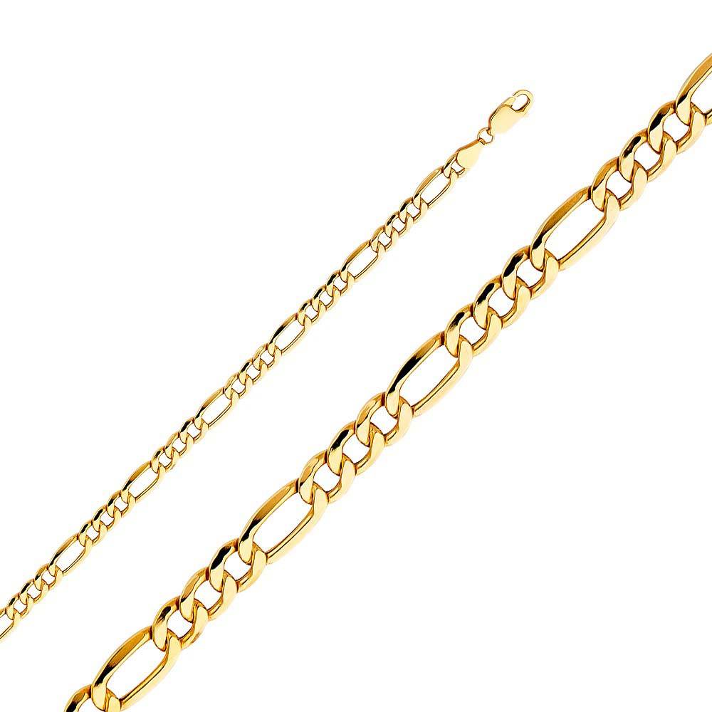 14K Yellow Gold 5.3mm Lobster Hollow Figaro 3+1 Bevel Link Chain With Spring Clasp Closure