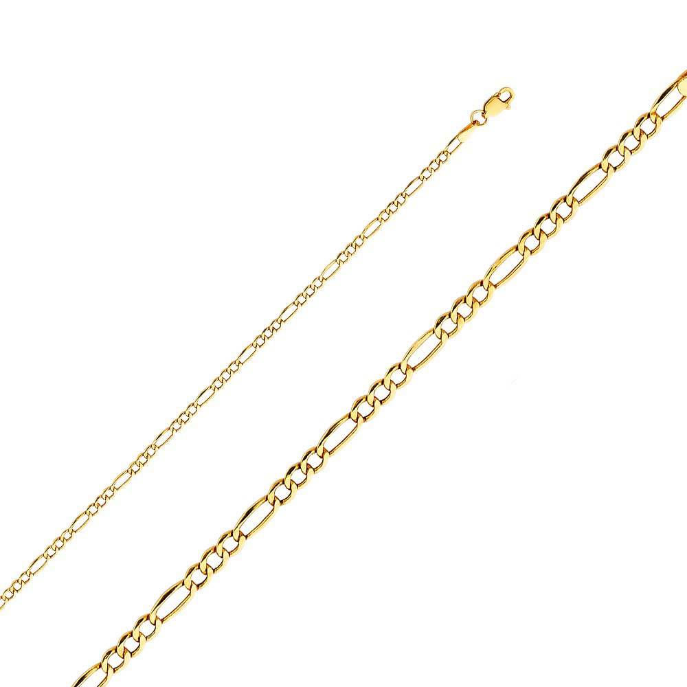 14K Yellow Gold 2.6mm Lobster Hollow Figaro 3+1 Link Chain With Spring Clasp Closure