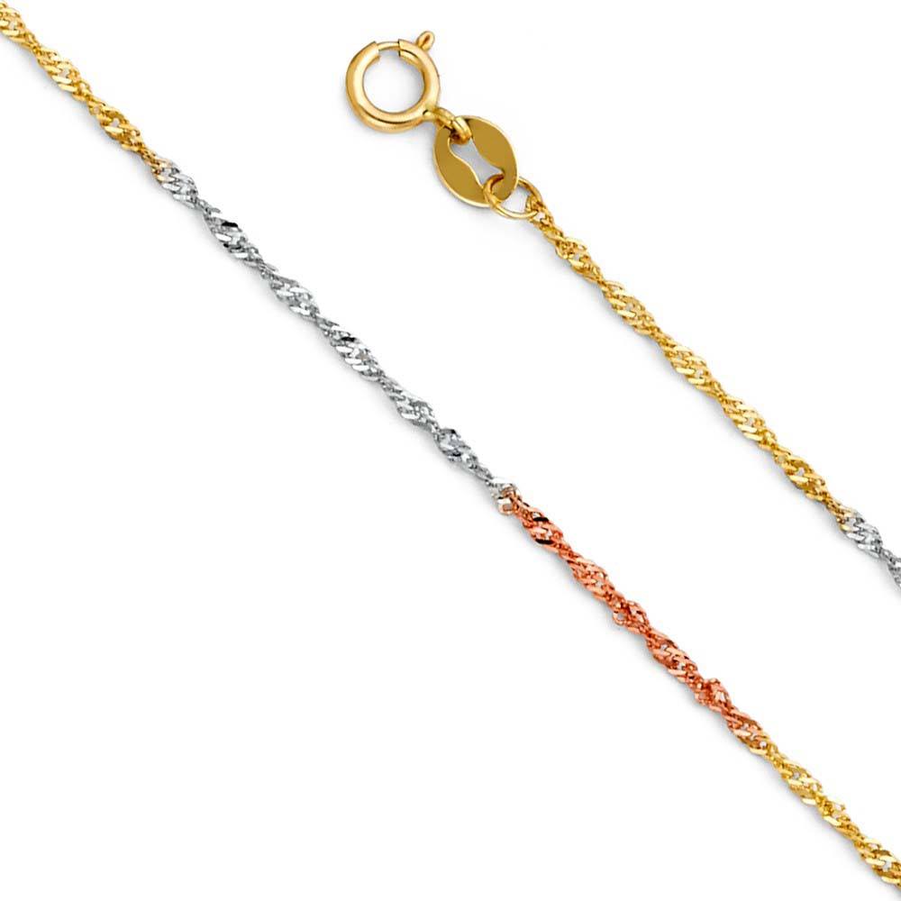 14K Tri-Color 1.2mm Singapore Chain with Spring Clasp Closure