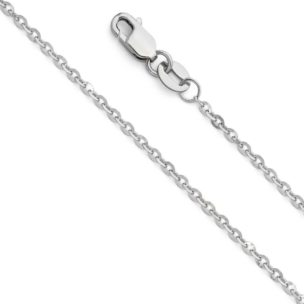 14K White Gold 1.6mm Lobster Side Diamond Cut Rolo Cable Link Chain With Spring Clasp Closure