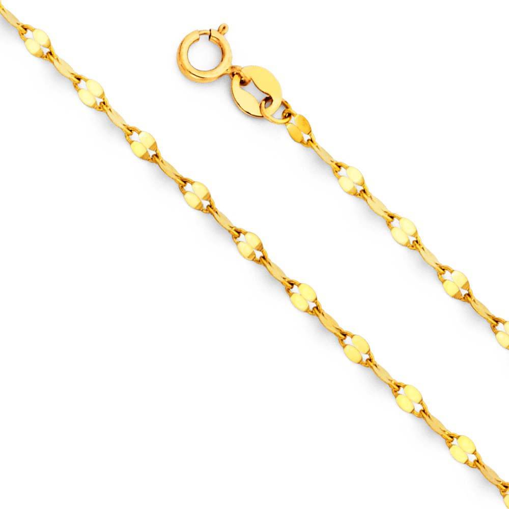 14K Yellow Gold 2mm Spring Ring Twisted Stamped Mirror Link Chain With Spring Clasp Closure