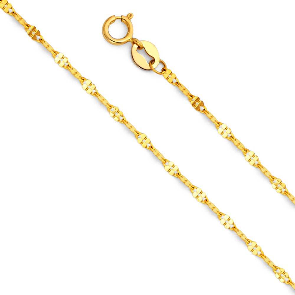 14K Yellow Gold 1.5mm Spring Ring Twisted Stamp Mirror Link Chain With Spring Clasp Closure