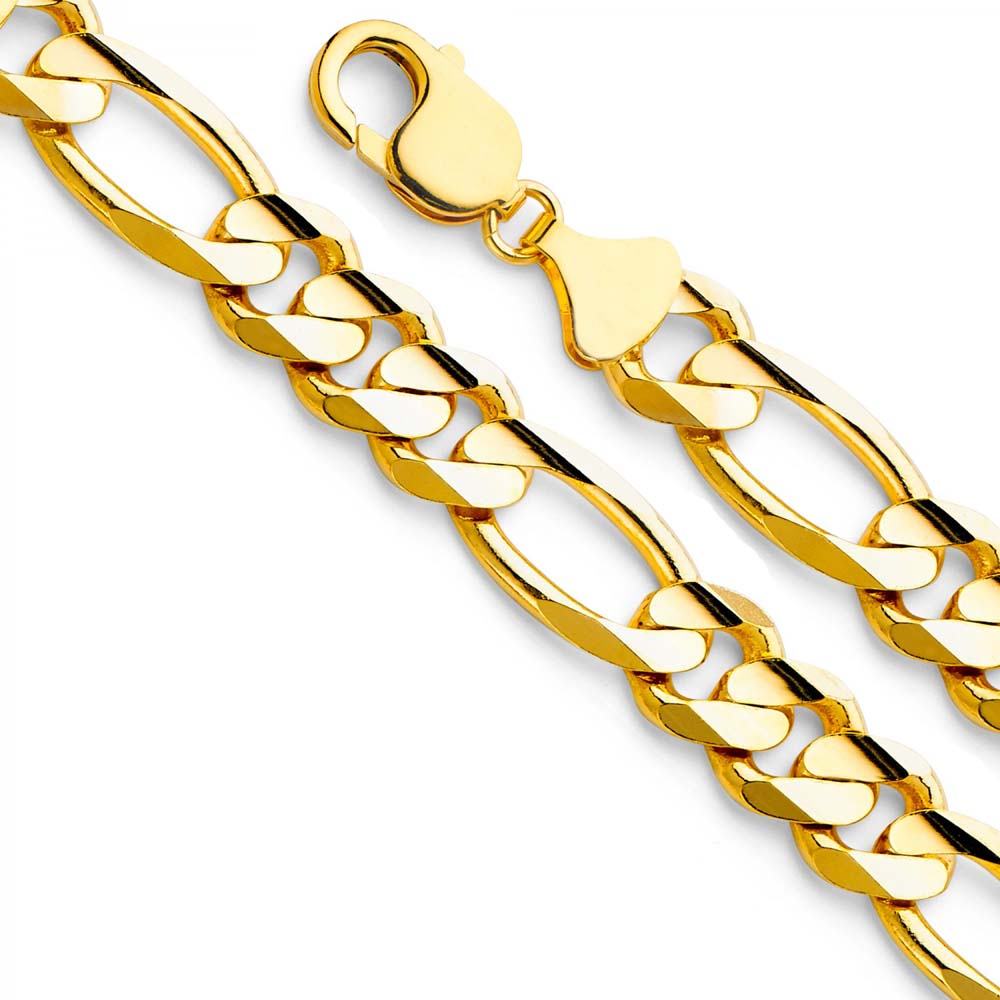 14K Yellow Gold 11.3mm Lobster Figaro 3+1 Concave Regular Link Chain With Spring Clasp Closure
