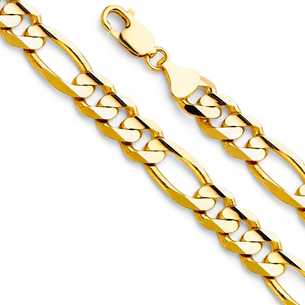 14K Yellow Gold 9.5mm Lobster Figaro 3+1 Concave Regular Link Chain With Spring Clasp Closure