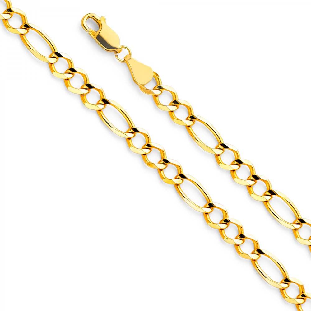 14K Yellow Gold 2.7mm Lobster Figaro 3+1 Concave Open Light Link Chain With Spring Clasp Closure