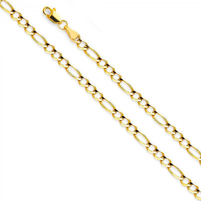 14K Yellow Gold 3.9mm Lobster Figaro 3+1 Concave Open Light Link Chain With Spring Clasp Closure