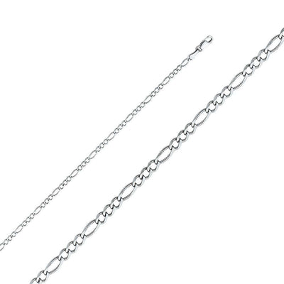 14K White Gold 2.7mm Lobster Figaro 3+1 Concave Regular Link Chain With Spring Clasp Closure