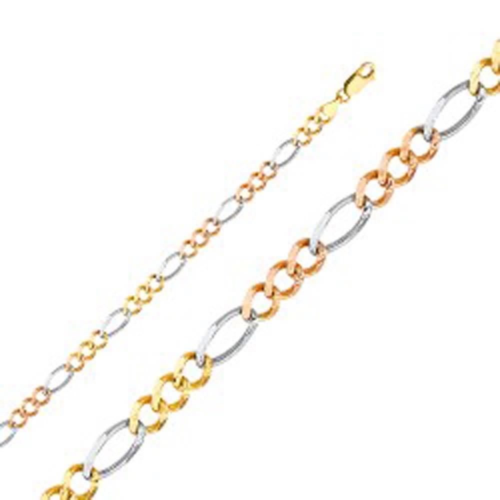 14K Gold with Tri Color 5.5mm Lobster Figaro 3? Concave Regular Link Chain With Spring Clasp Closure - silverdepot