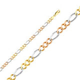14K Gold with Tri Color 5.5mm Lobster Figaro 3? Concave Regular Link Chain With Spring Clasp Closure