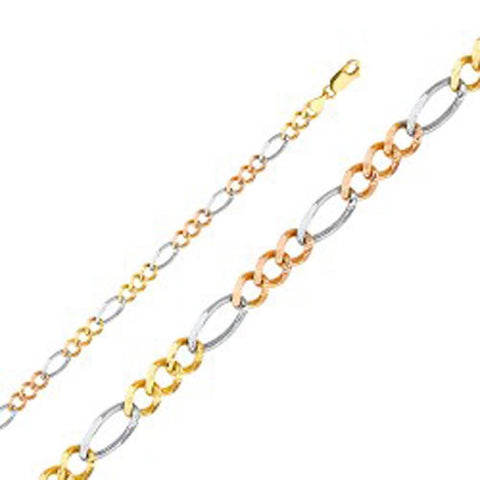 14K Gold with Tri Color 5.5mm Lobster Figaro 3+1 Concave Regular Link Chain With Spring Clasp Closure