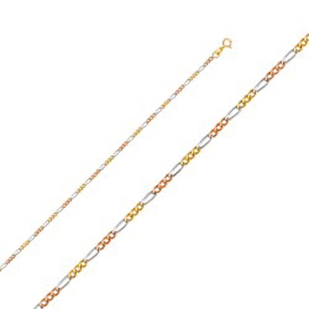 14K Gold with Tri Color 1.8mm Lobster Figaro 3? Concave Regular Link Chain With Spring Clasp Closure - silverdepot