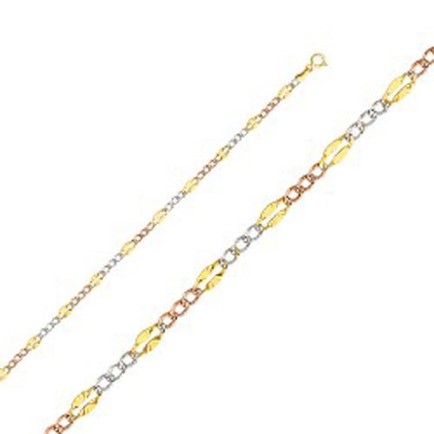 14K Gold with Tri Color 3.7mm Lobster Stamp Figaro 3+1 3 Color Regular Chain With Spring Clasp Closure