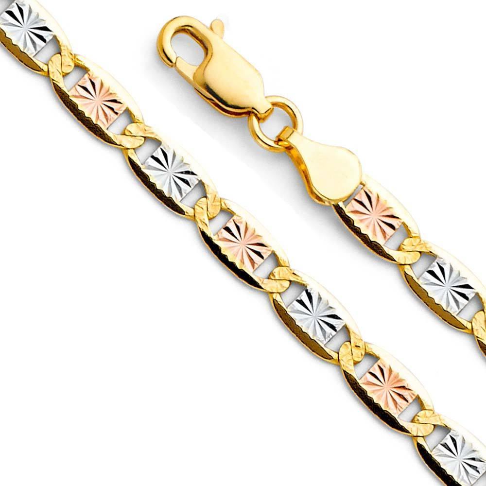 14K Gold 4.2mm Lobster Valentino With Star Diamond Cut 3 Color Link Chain With Spring Clasp Closure - silverdepot