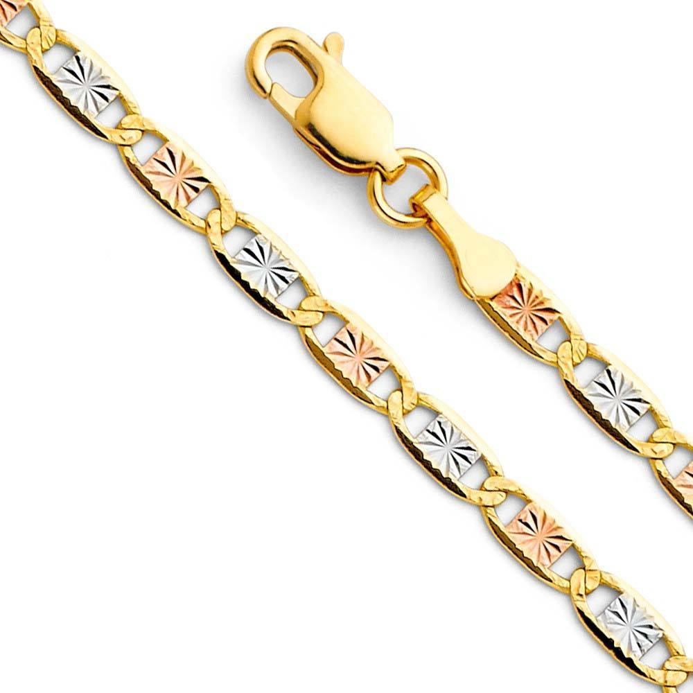 14K Gold 3.3mm Lobster Valentino With Star Diamond Cut 3 Color Link Chain With Spring Clasp Closure - silverdepot