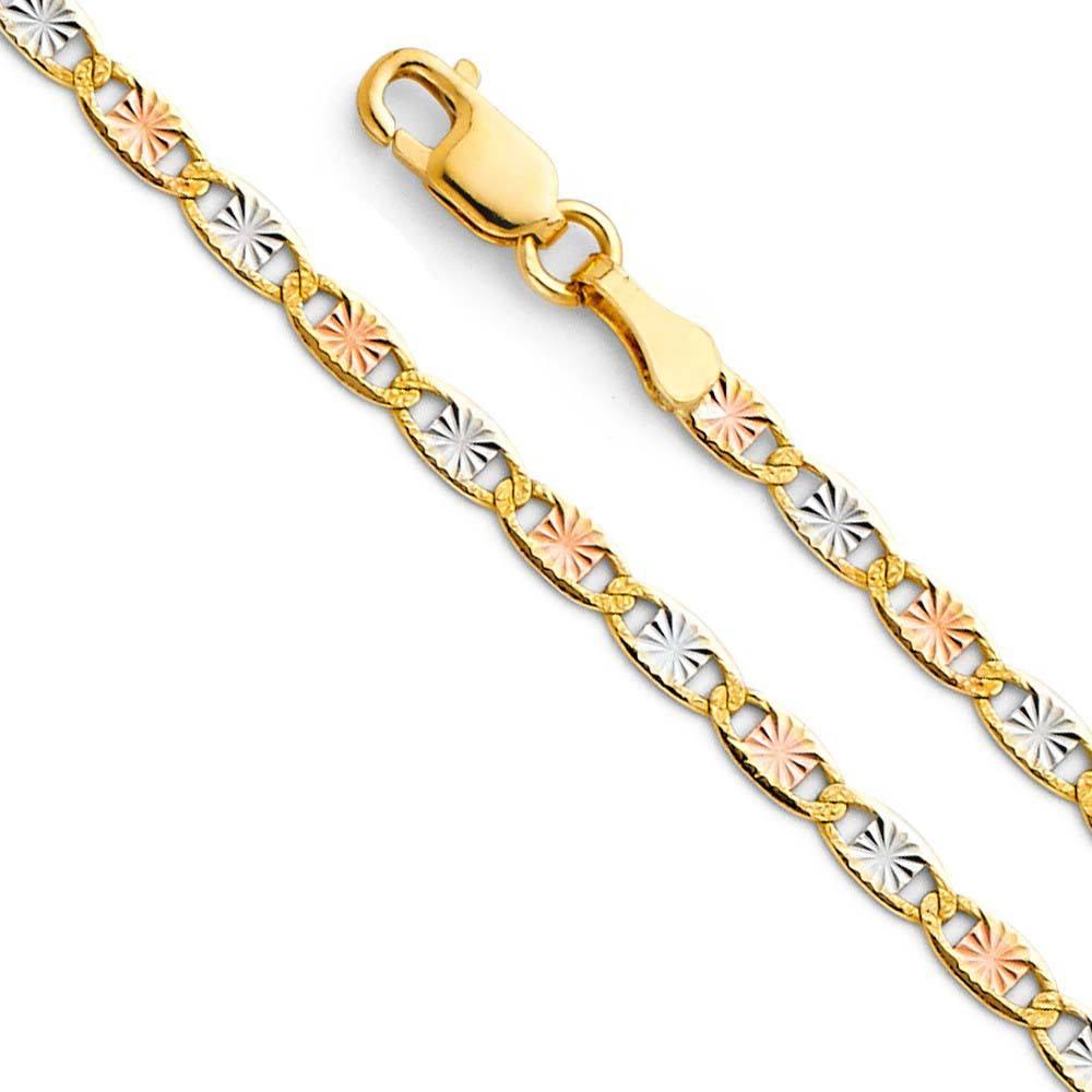 14K Gold 2.6mm Lobster Valentino With Star Diamond Cut 3 Color Link Chain With Spring Clasp Closure - silverdepot