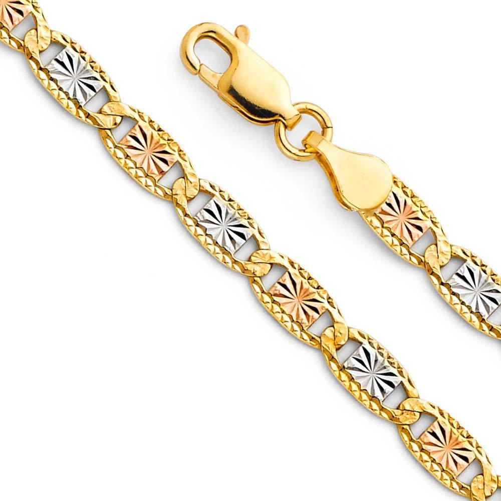 14K Gold 4.2mm Lobster Valentino With Star/Edge Diamond Cut 3 Color Link Chain With Spring Clasp Closure - silverdepot