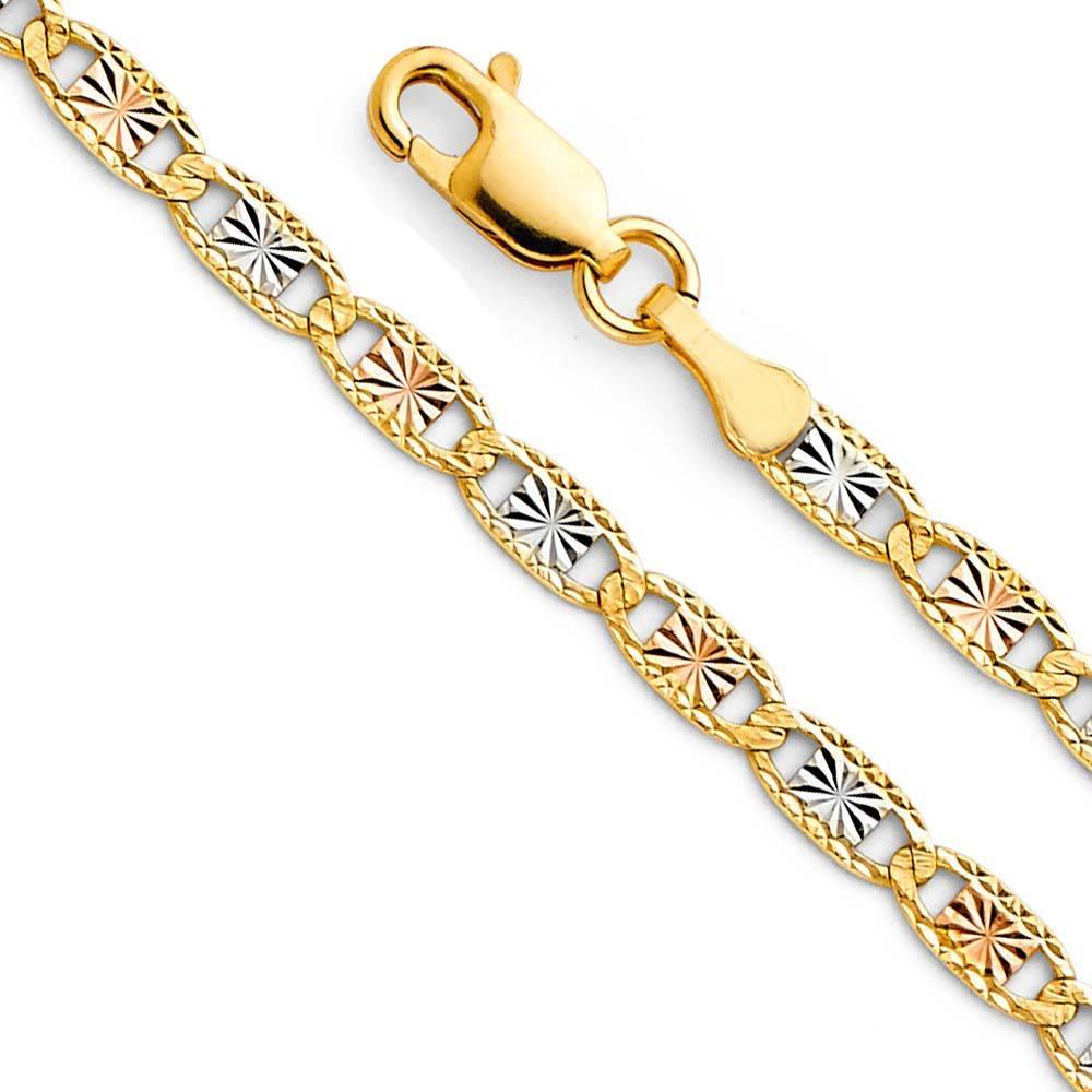 14K Gold 3.3mm Lobster Valentino With Star/Edge Diamond Cut 3 Color Link Chain With Spring Clasp Closure - silverdepot