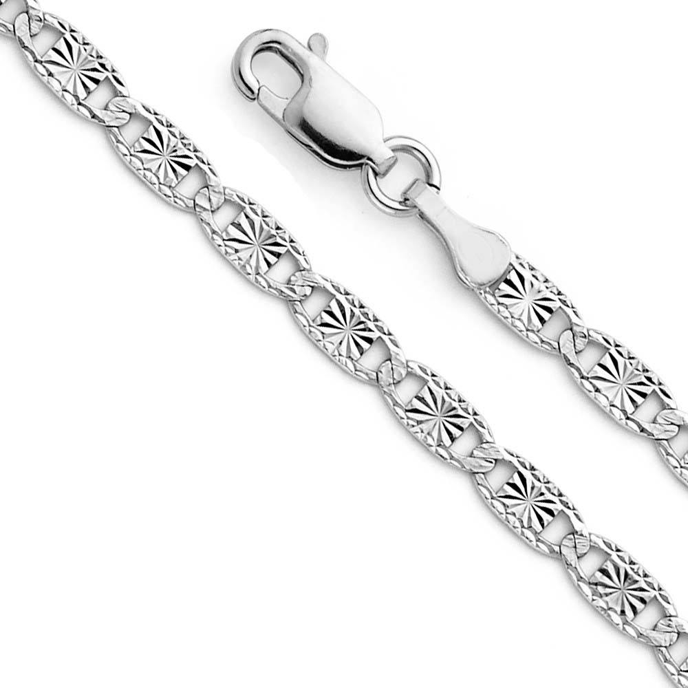 14K White Gold 3.3mm Lobster Valentino With Star/Edge Diamond Cut 3 Color Link Chain With Spring Clasp Closure