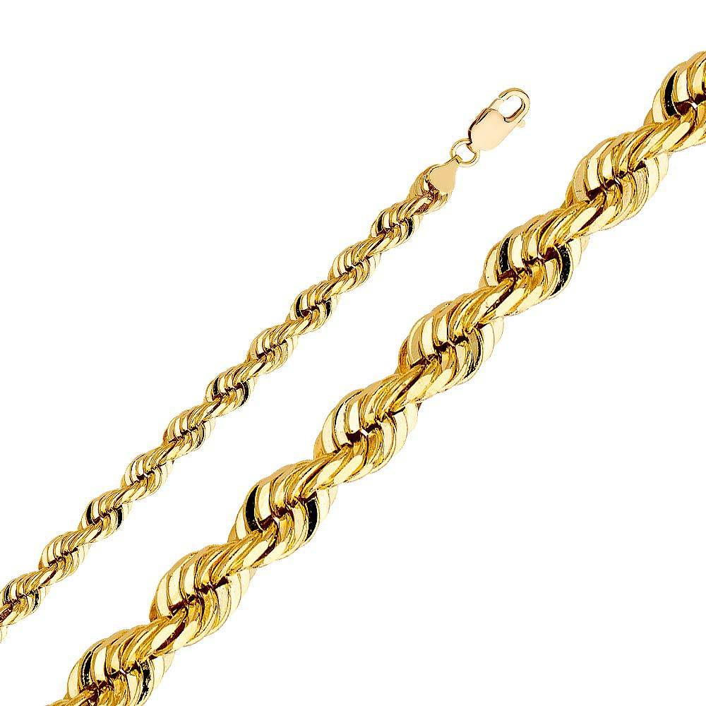 14K Yellow Gold 8mm Lobster Solid Rope Diamond Cut Chain With Spring Clasp Closure