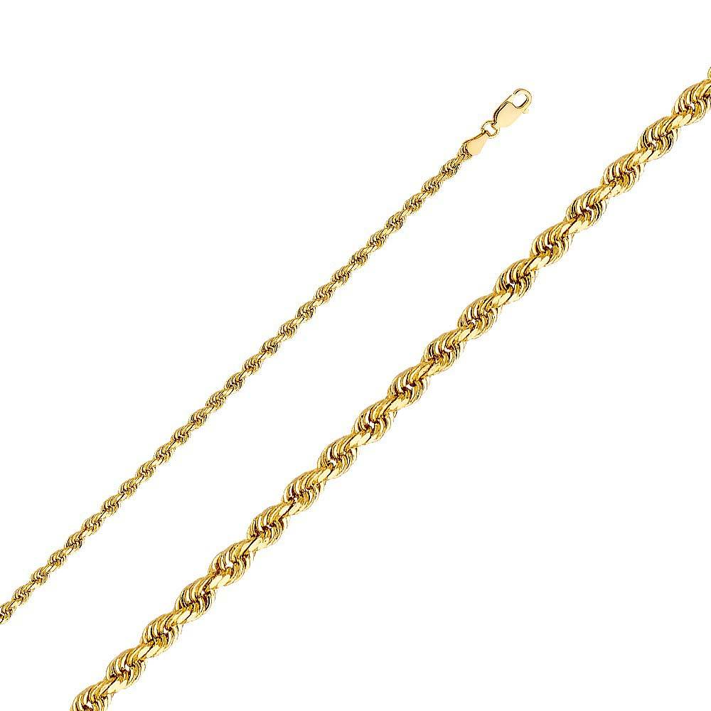 14K Yellow Gold 3mm Lobster Solid Rope Diamond Cut Chain With Spring Clasp Closure