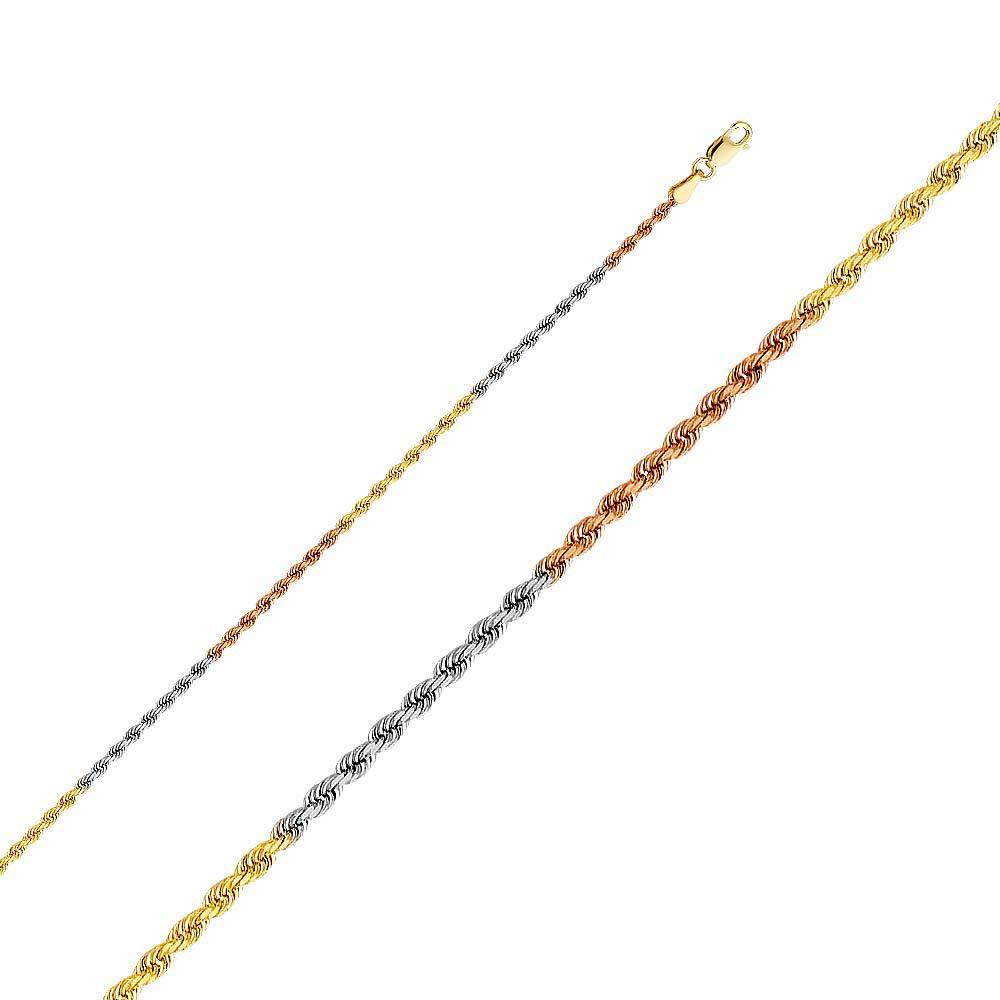 14K Tri Color 2.0mm Lobster Solid Rope Diamond Cut Regular 3 Color Chain With Spring Clasp Closure