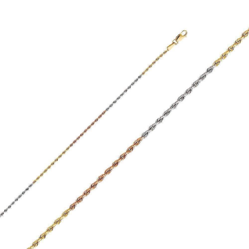 14K Tri Color 1.5mm Lobster Solid Rope Diamond Cut Regular 3 Color Chain With Spring Clasp Closure - silverdepot