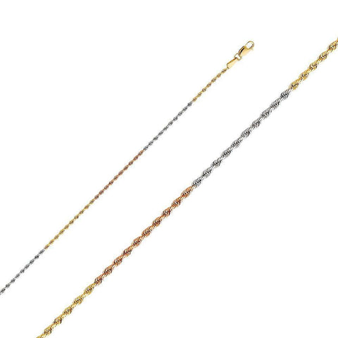 14K Tri Color 1.5mm Lobster Solid Rope Diamond Cut Regular 3 Color Chain With Lobster Clasp Closure