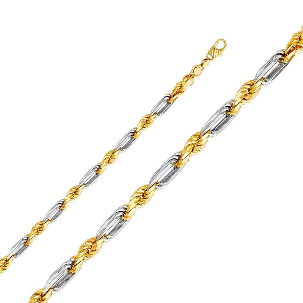 14K Two Tone Gold 7.5mm Lobster Figarope Link Assorted Chain With Spring Clasp Closure
