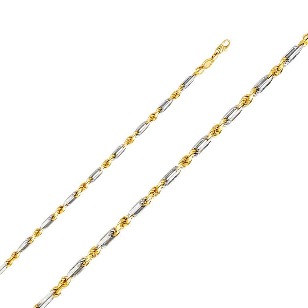 14K Two Tone Gold 4mm Lobster Figarope Link Assorted Chain With Spring Clasp Closure