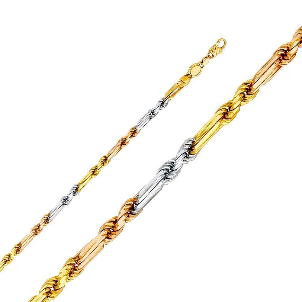 14K Gold 4mm Lobster 3 Color Figarope Link Assorted Chain With Spring Clasp Closure