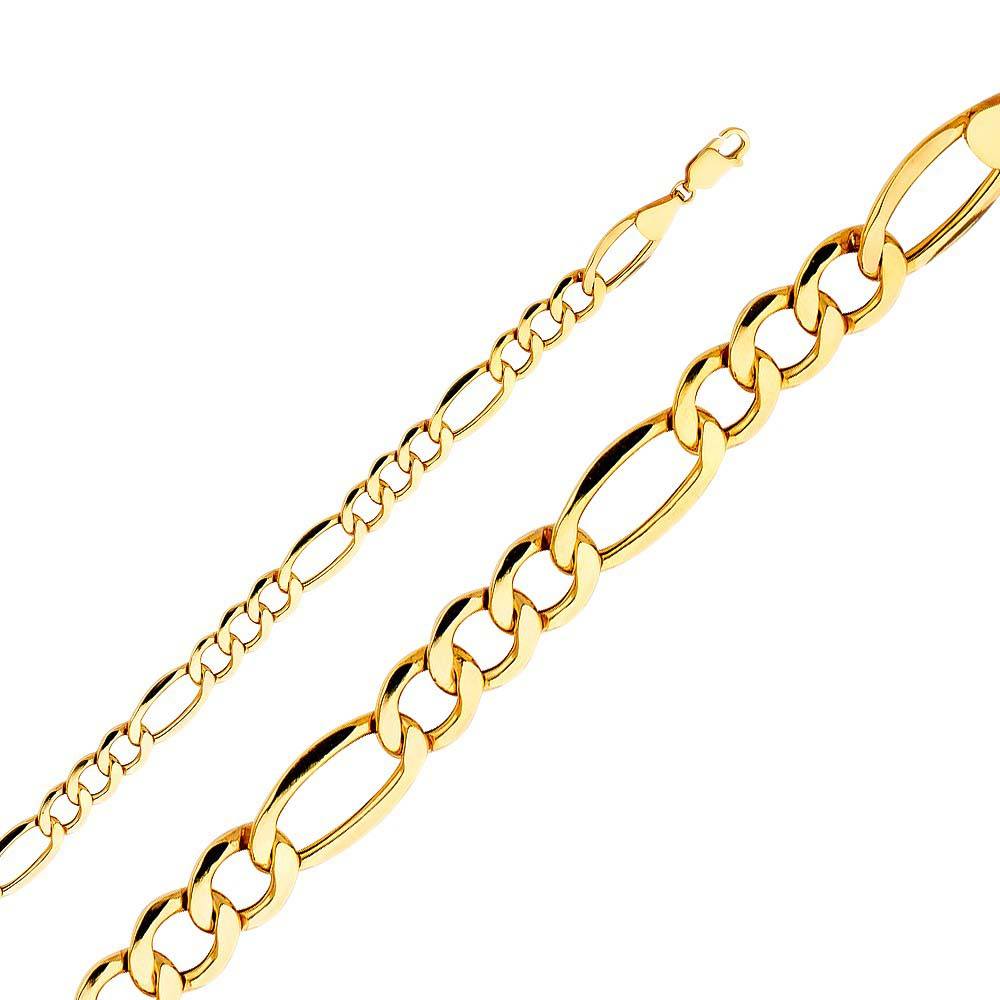 14K Yellow Gold 7.2mm Lobster Hollow Figaro 3? Bevel Link Chain With Spring Clasp Closure