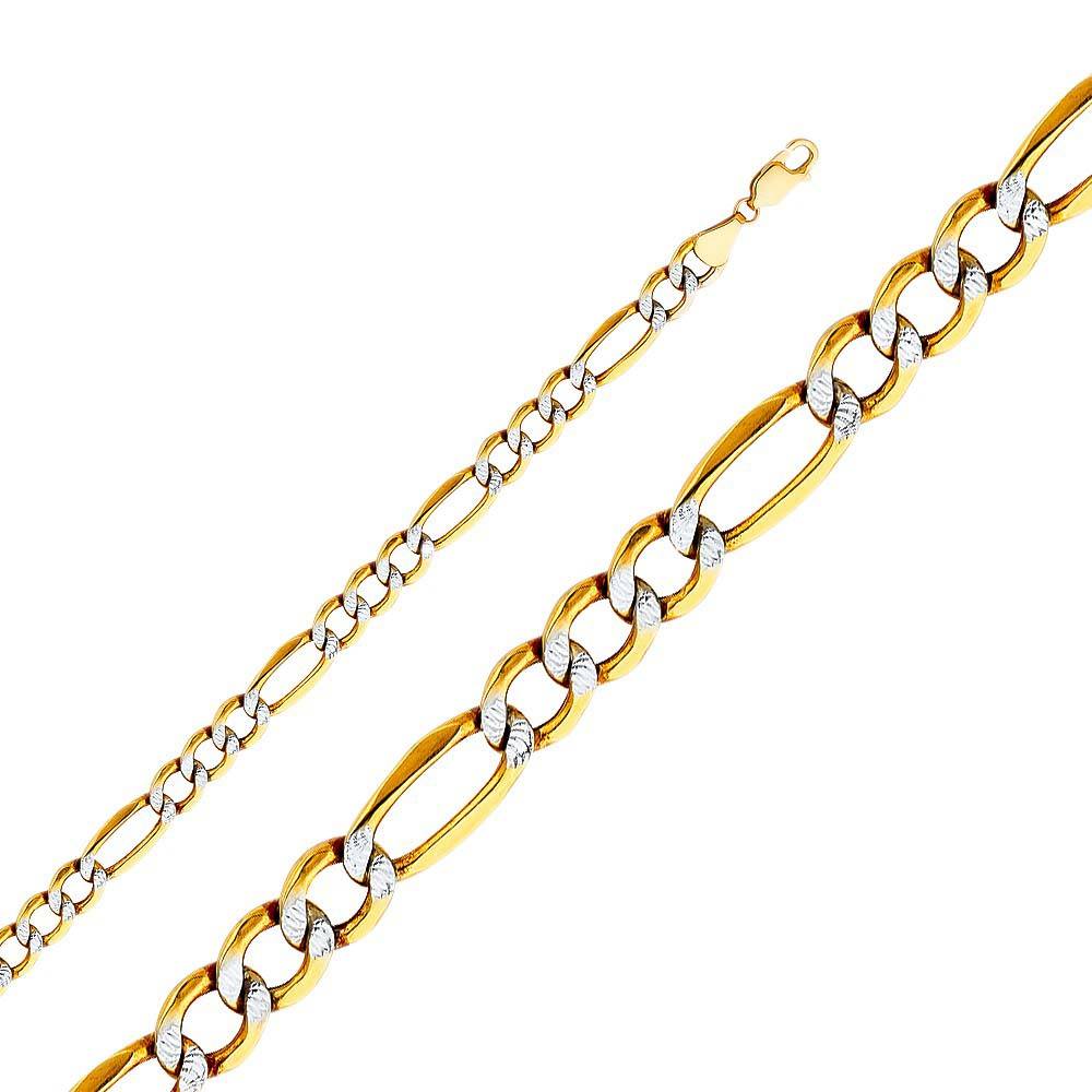 14K Yellow Gold 6.5mm Lobster Hollow Figaro 3+1 Bevel WP Link Chain With Spring Clasp Closure