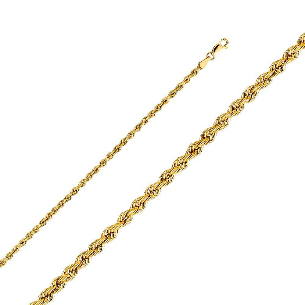 14K Yellow Gold 3.0mm Lobster Hollow Rope Regular Chain With Spring Clasp Closure